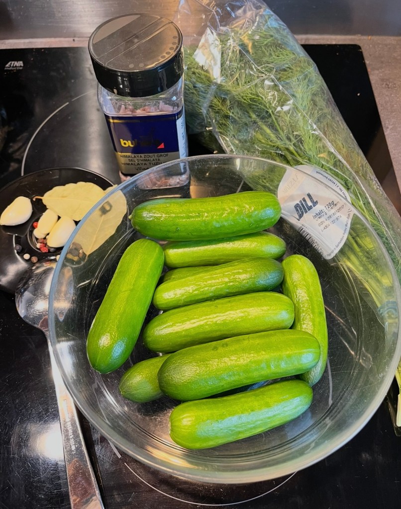 Sausai raugtų agurkų ingredientai